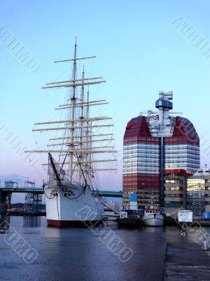 sail ship in the harbour in beautiful sunset