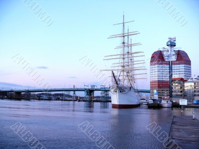 sail ship in the harbour in beautiful sunset