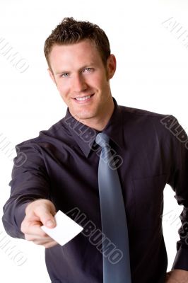 caucasian businessman presenting business card