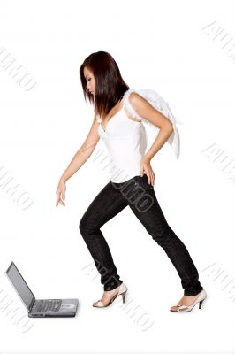 woman angel pointing at the laptop