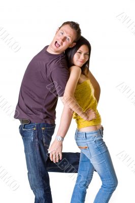 romantic young couple in playful mood