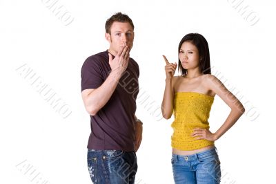 caucasian man get scolded by his asian girlfriend