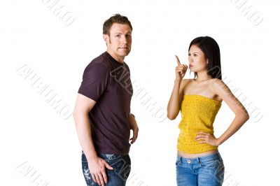 caucasian man get scolded by his asian girlfriend