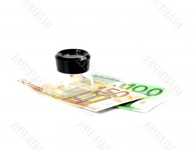 euros bills and a lupe
