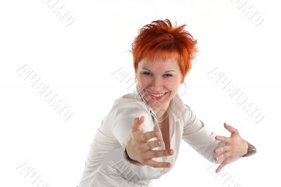 woman in office with outstretched arms isolated on white background