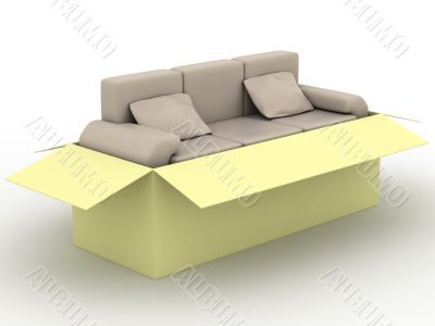 leather sofa in a packing box. 3D image.