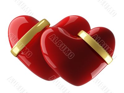 Two heart with wedding rings on a white background. 3D image.