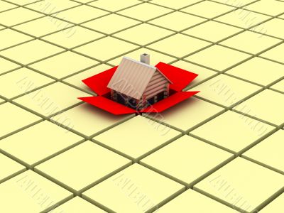 Wooden small house in a box. 3D image.