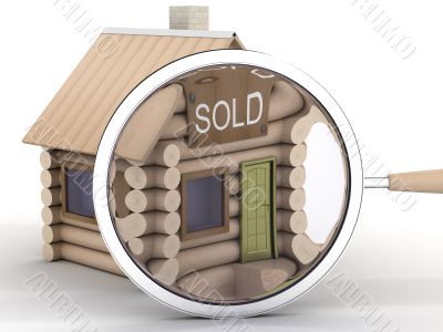 Wooden small house and magnifier. 3D image.