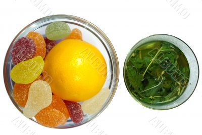 herbal  mint tea and  fruit candy