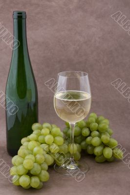 White wine with bottle, glasses and grapes