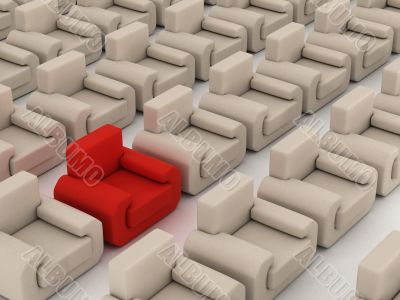 Row armchairs on a white background. 3D image.