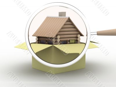 Wooden small house in a box. 3D image. Wooden small house in a box. 3D image.