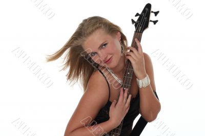 blond woman with guitar isolated on white background