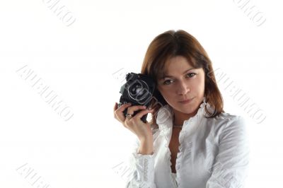 young woman with old camera isolated on white background