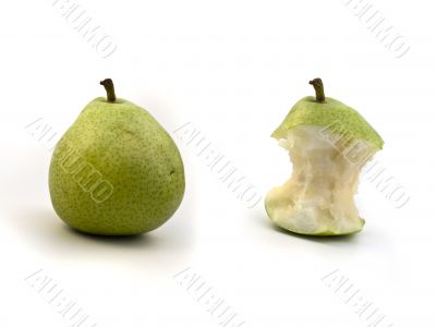 green full pear and its bite