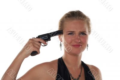 young blond woman in black dress with revolver isolated on white background