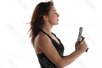 young woman with revolver isolated on white background