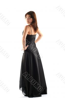 Girl in black dress isolated on white background