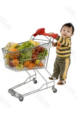 Baby pushes a shopping cart