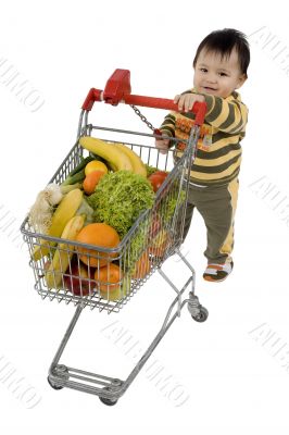 Baby pushes a shopping cart