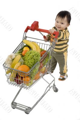Baby pushes a shopping cart