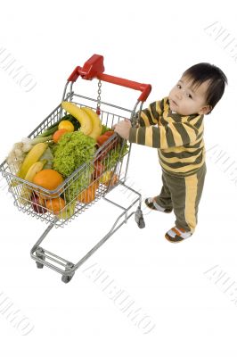Baby pushes a shopping cart