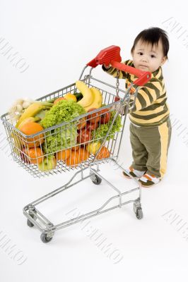 Baby pushes a shopping cart
