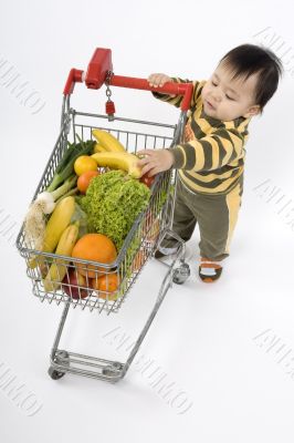 Baby pushes a shopping cart