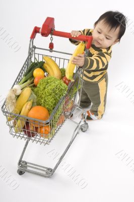 Baby pushes a shopping cart