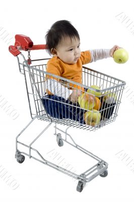 Baby pushes a shopping cart