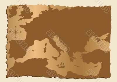 Old map of Europe with Mediterranean Sea