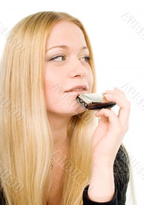 blond woman with a harmonica