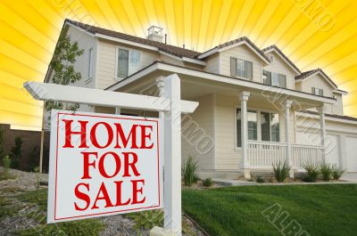 Home For Sale sign with Yellow Star-burst Background.