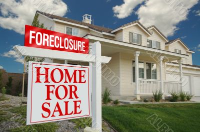 Foreclosure Home For Sale Sign and House Foreclosure Home For Sale Sign and House