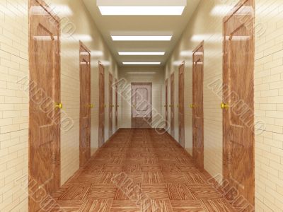 Corridor with a number of doors. 3D image.