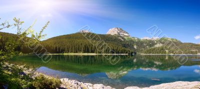 panorama of mountain lake with reflections