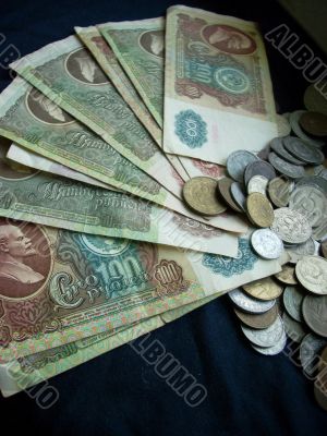 Retro soviet banknotes and coins