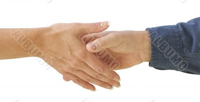 Man and woman shaking hands with clipping path.