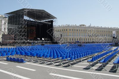 Rows of plastic chairs before the concert