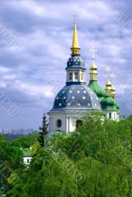 Vydubychi Monastery against cloudy blue sky