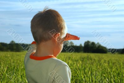 young boy looking  and dreaming on green field