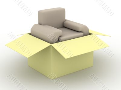 leather armchair in a packing box. 3D image. leather armchair in a packing box. 3D image.