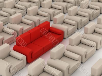 Row of white armchairs and red sofa. 3D image.