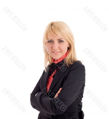 Attractive businesswoman cross hands and look at camera