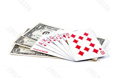 Three denominations on one dollar and playing cards