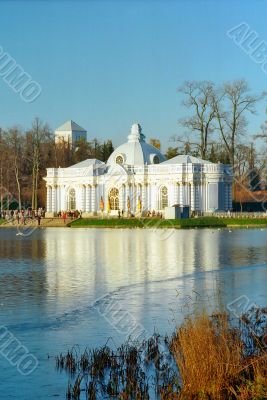 Iced lake with classical building