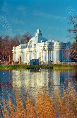 Classical building and iced lake