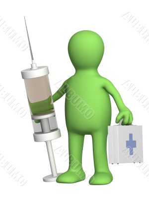 Puppet veterinary with a syringe