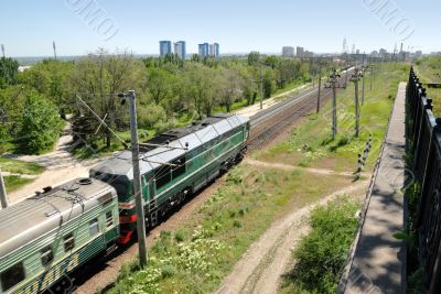 Russia. Volgograd. A diesel locomotive on tracks.